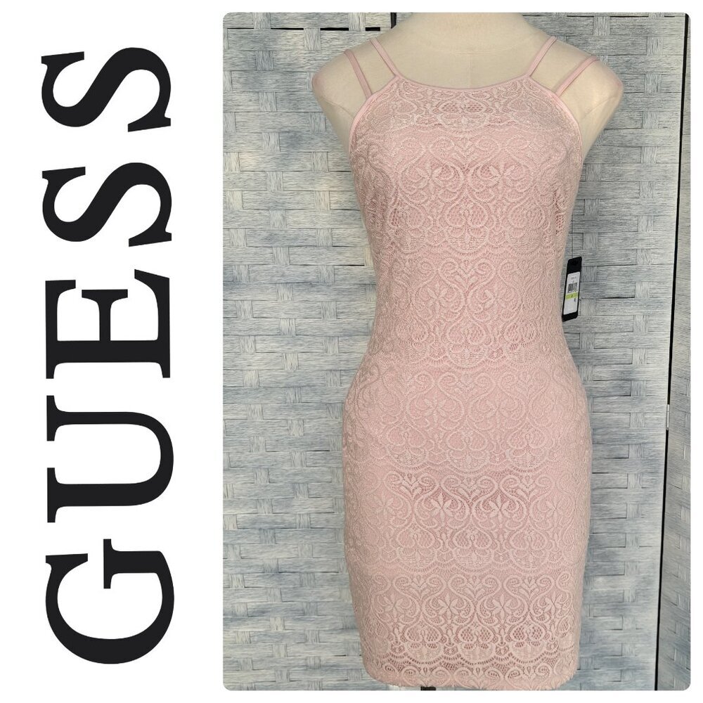 GUESS Women 4 Bodycon Dress Blush Pink Lace Double Strap Cocktail Party GDUG7007